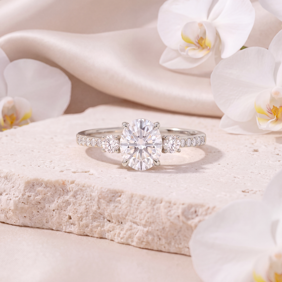 White gold oval moissanite three-stone engagement ring shown on a stone surface.