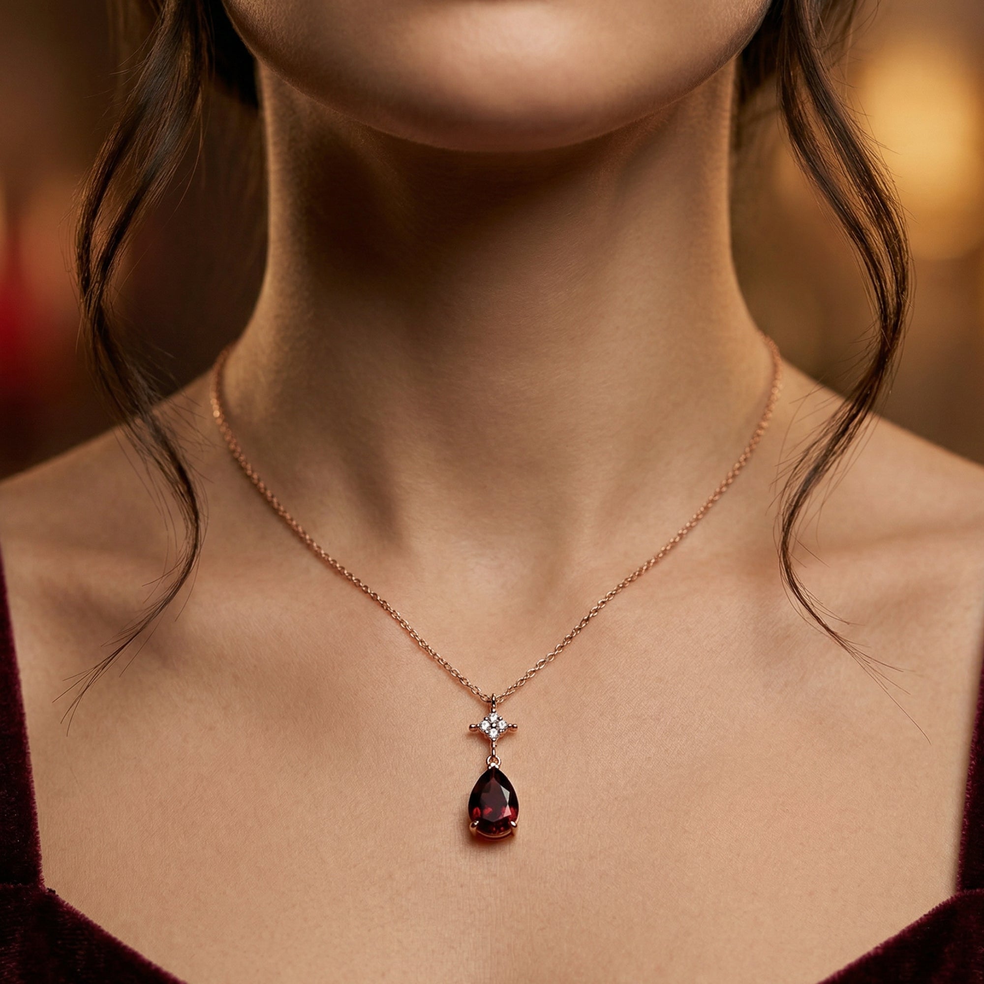 Frontal view of the Fiorenza pear-cut garnet necklace in 18K rose gold worn by a model.