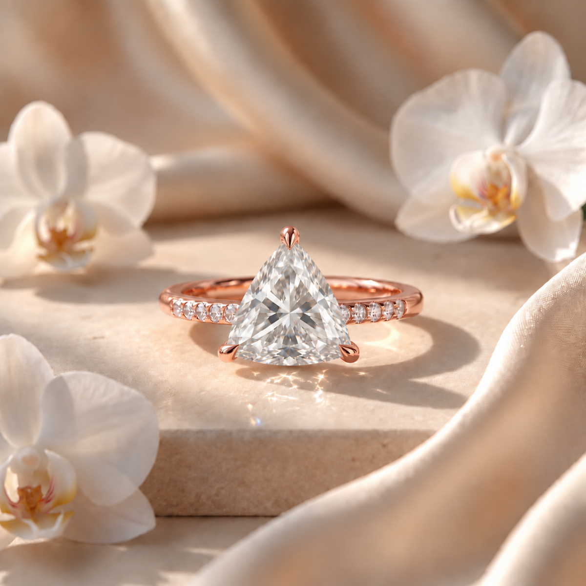 A rose gold trillion-cut moissanite engagement ring with a pavé band displayed on a neutral stone pedestal.