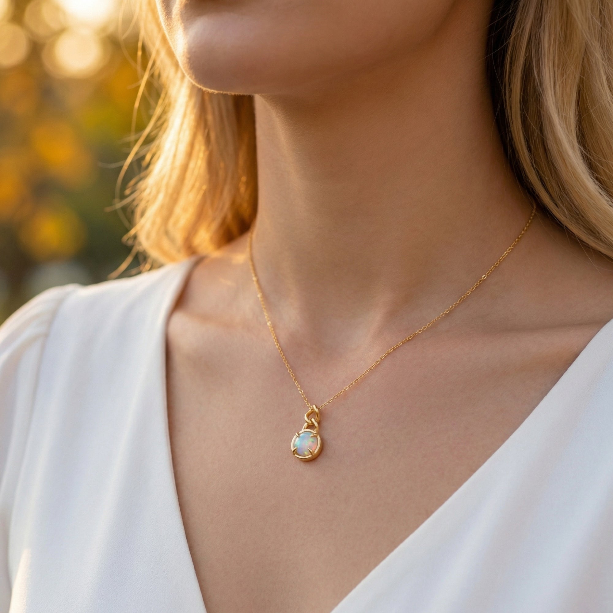 Gold-tone round cut white opal pendant necklace styled on a model wearing a white V-neck blouse.