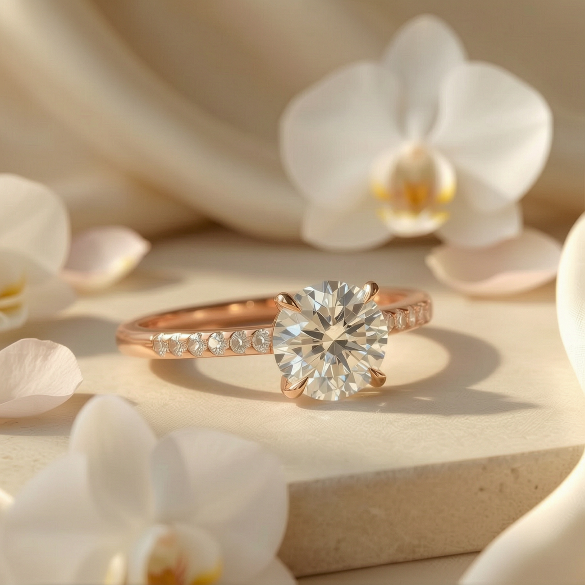 A delicate round cut moissanite engagement ring in rose gold with accent stones on the band, displayed with orchids.