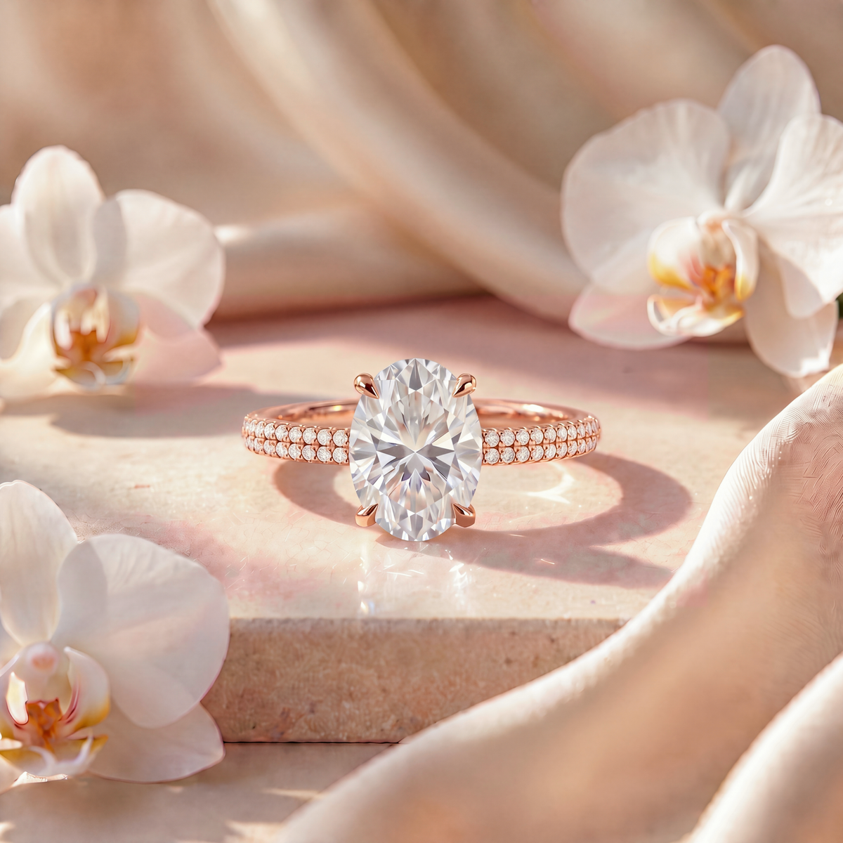 Rose gold oval moissanite engagement ring with a double-row pave band.