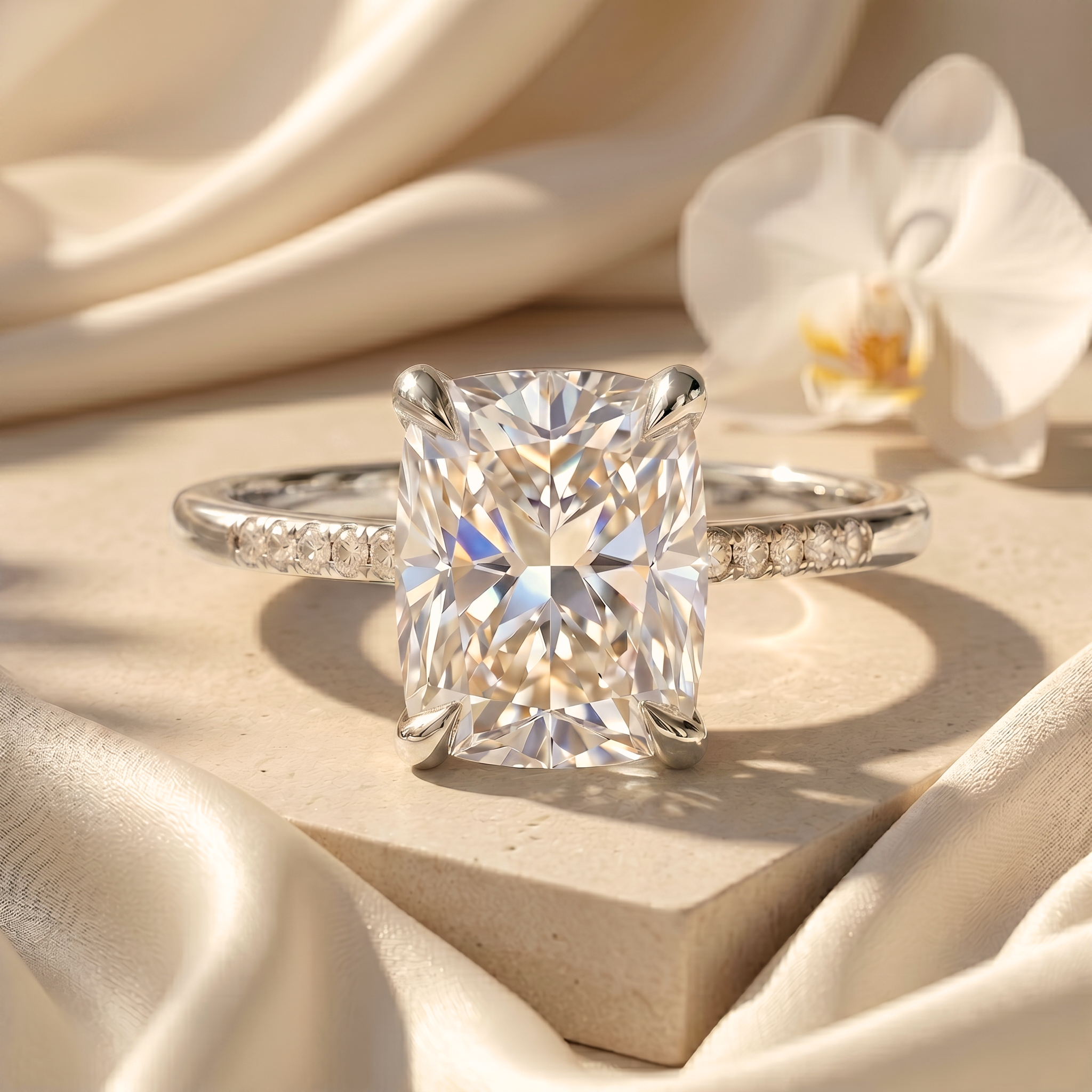 A cushion-cut moissanite engagement ring in white gold on a stone block surrounded by soft draped silk.