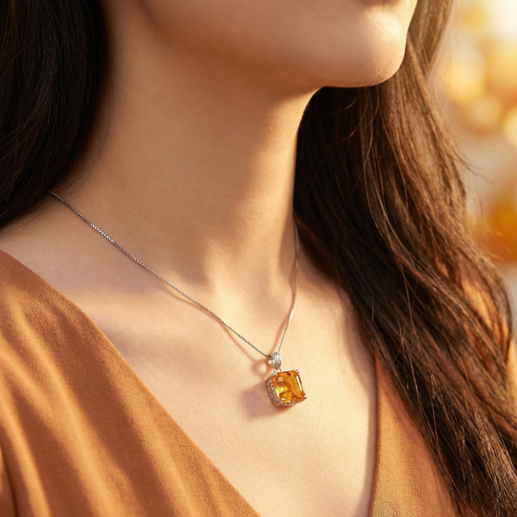 Square-cut natural citrine pendant on a silver chain, worn by a model in a terracotta V-neck top.