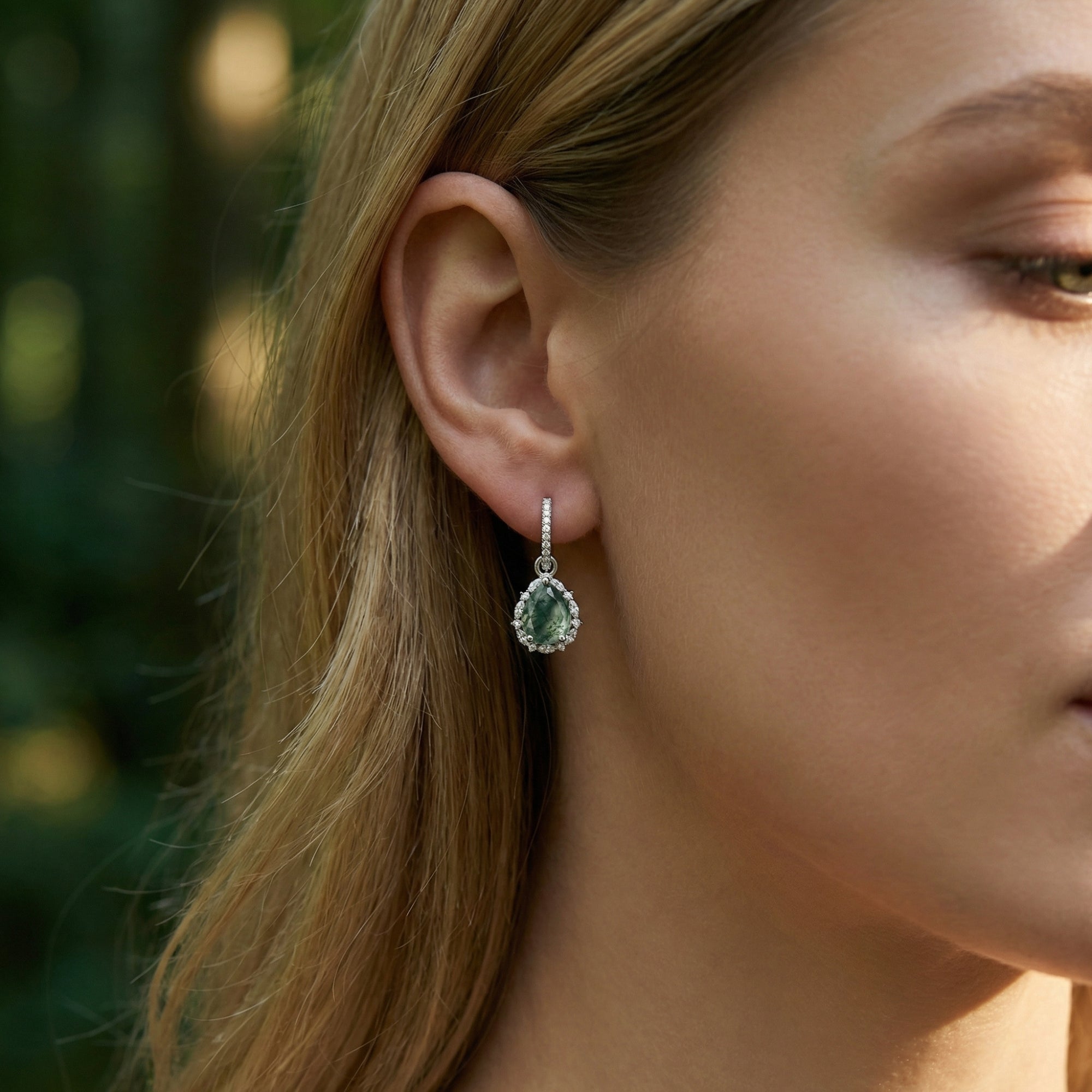 Teardrop Halo Natuurlijke Mosagaat Leverback Oorbellen - S925 Sterling Zilver