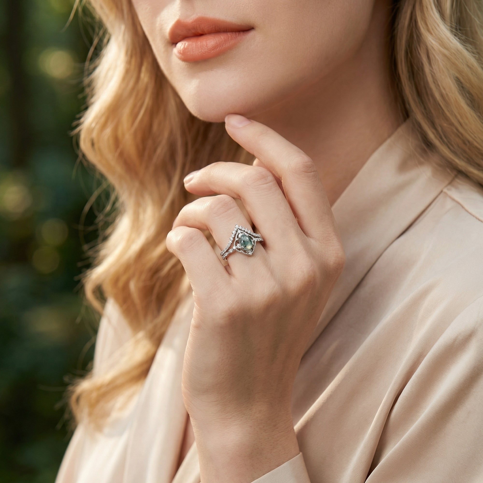 Diamant Bezette Ovale Natuurlijke Agaat Ring Set - S925 Sterling Zilver