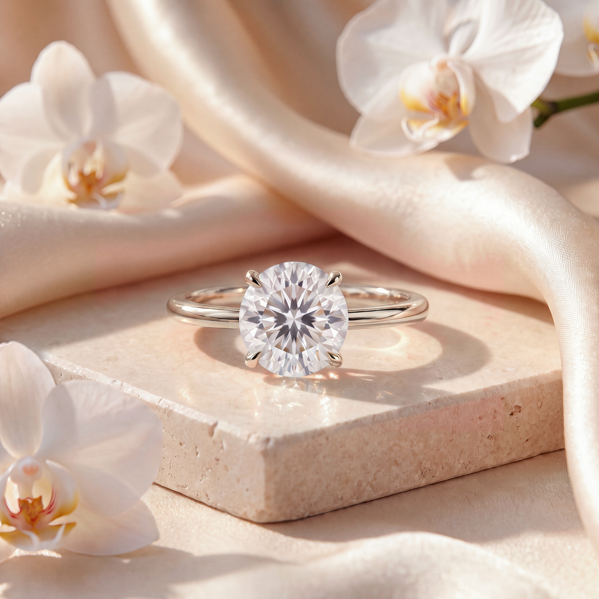 White gold round cut moissanite solitaire ring displayed on a neutral stone display block.