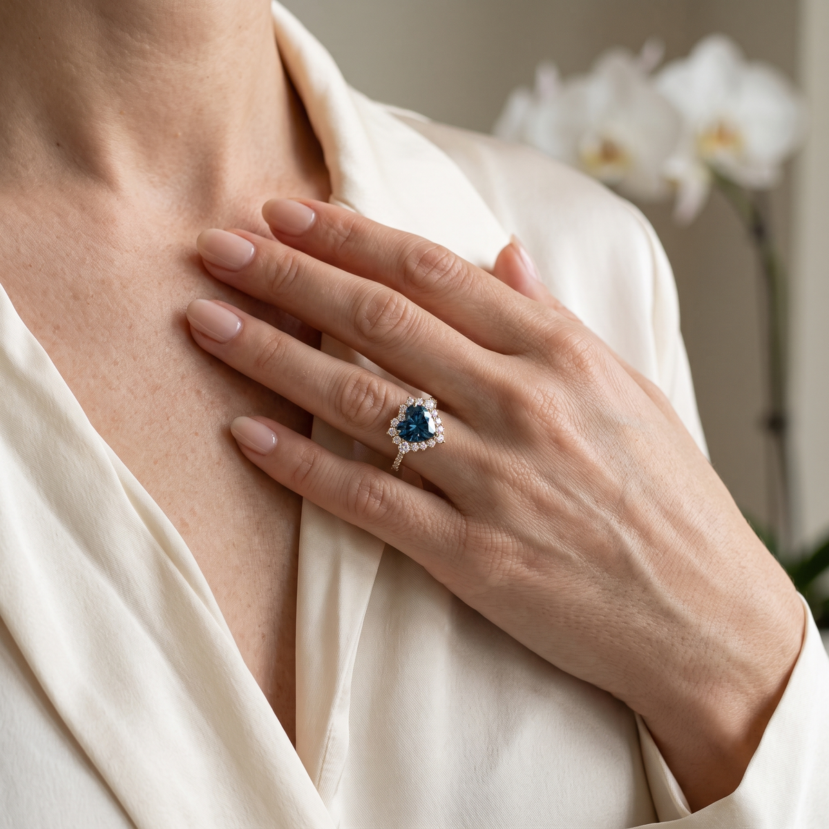 Model wearing a rose gold heart-cut teal blue moissanite halo ring resting on her chest.