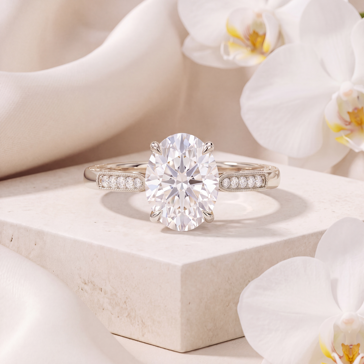 An oval moissanite engagement ring crafted in white gold with milgrain-bordered pavé diamonds.