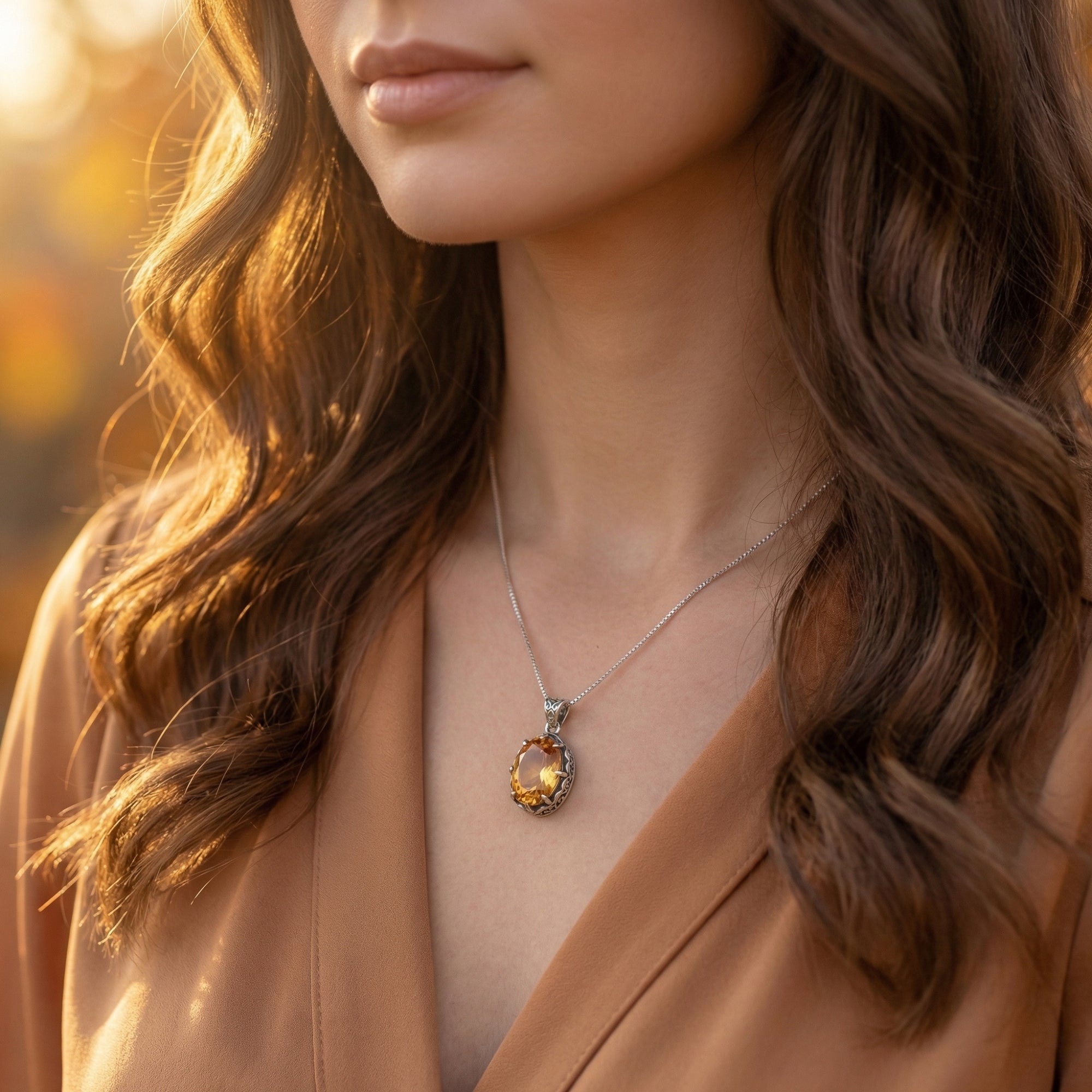 Model wearing the Soliana silver necklace with a large oval cut citrine gemstone over a tan silk blouse.