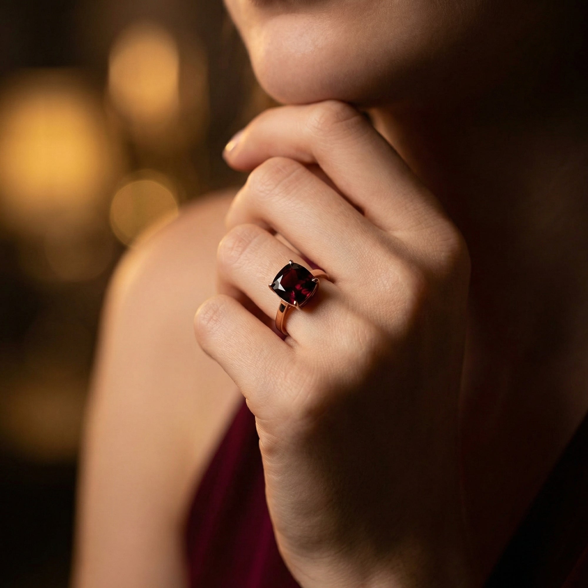 Side view of the Ignatia rose gold garnet ring worn by a model, highlighting the cushion cut stone.