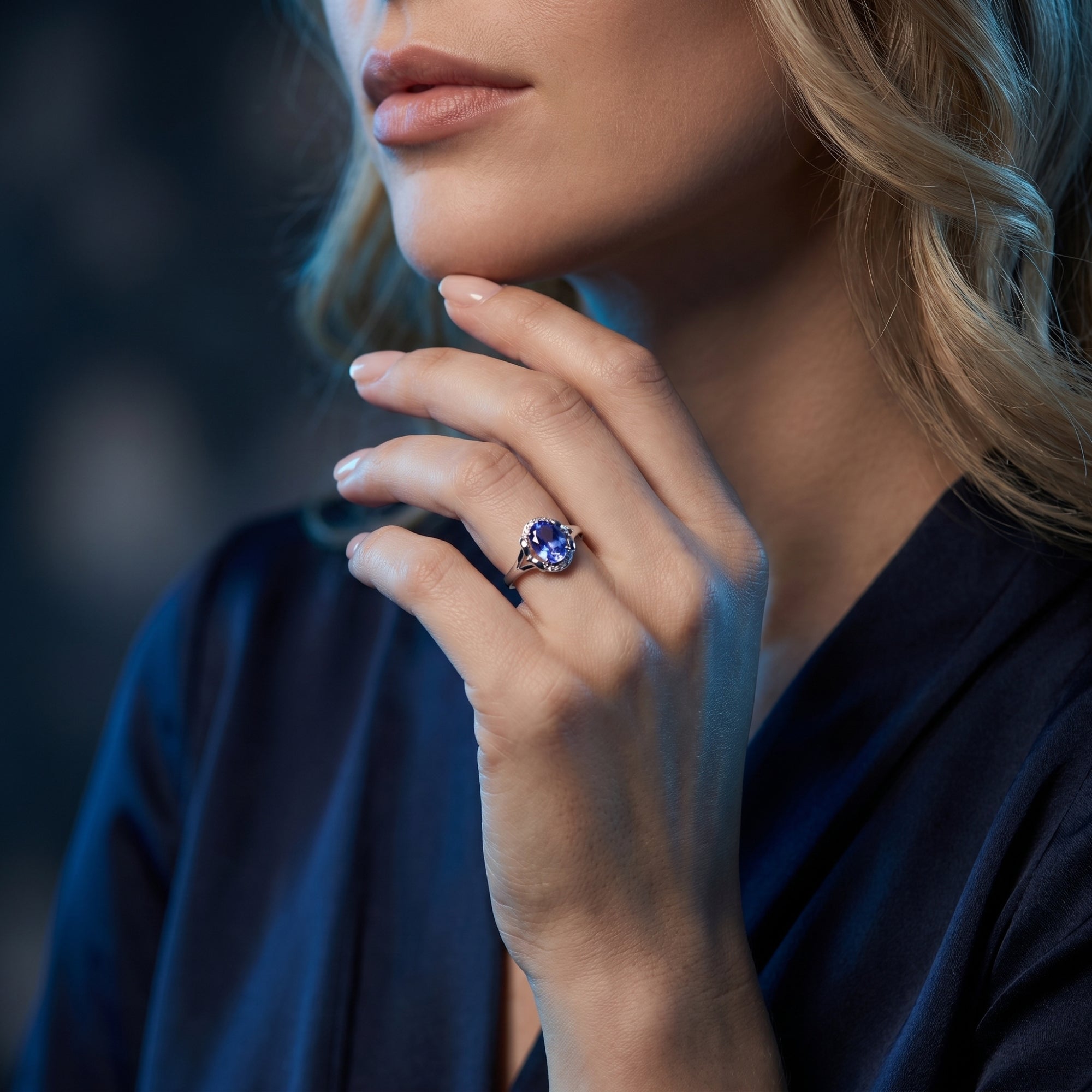 A woman wearing the 18K white gold natural tanzanite ring, showcasing the gemstone's vivid blue color.