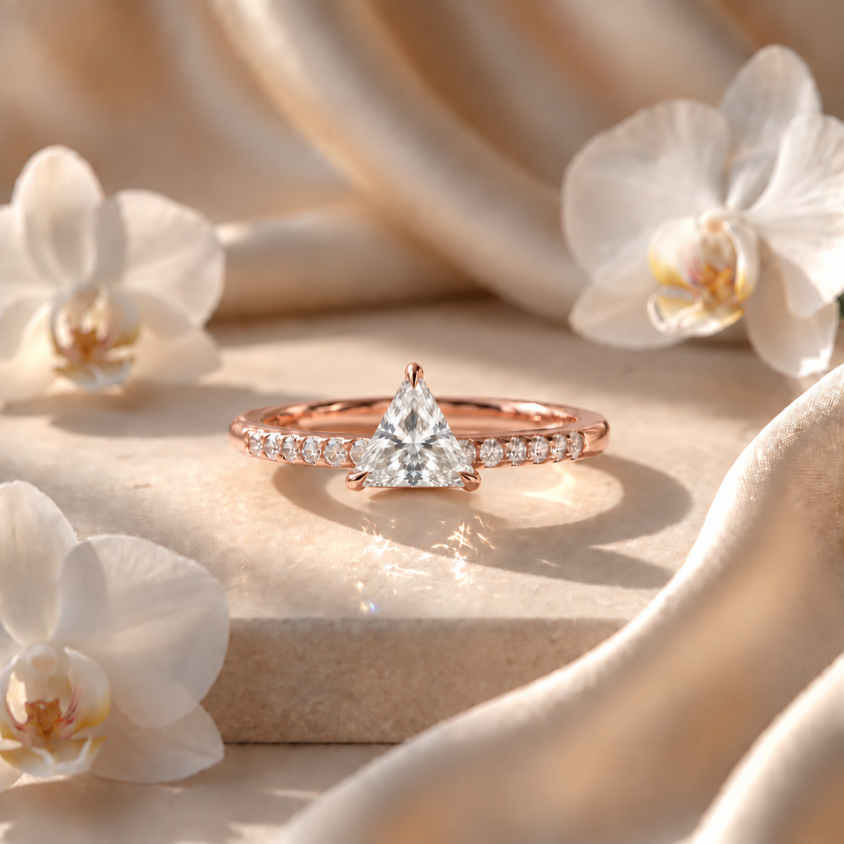 Rose gold trillion-cut moissanite engagement ring resting on a stone display with orchid flowers.