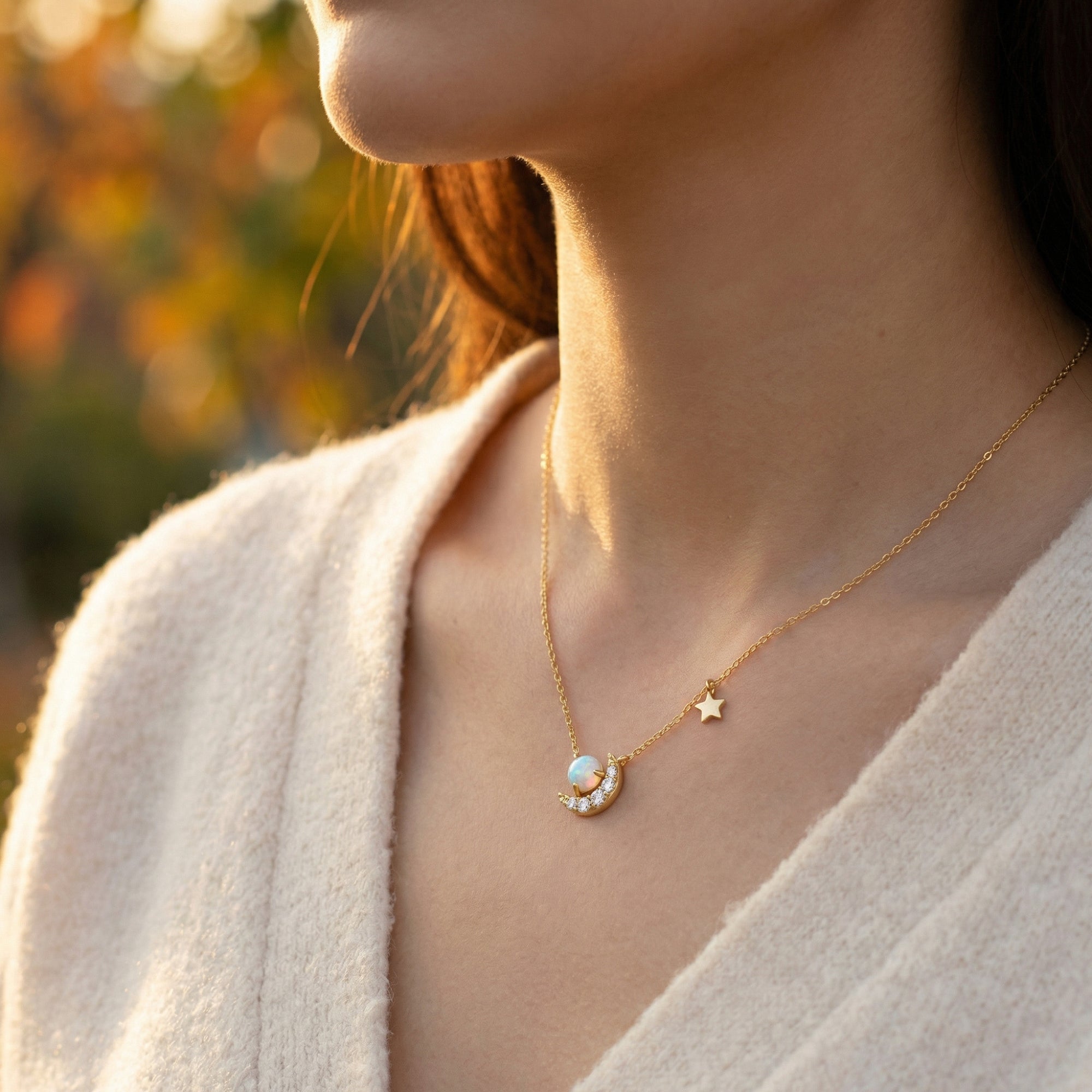 Side view of a model wearing the gold Stellara opal moon and star necklace with a white knit sweater.