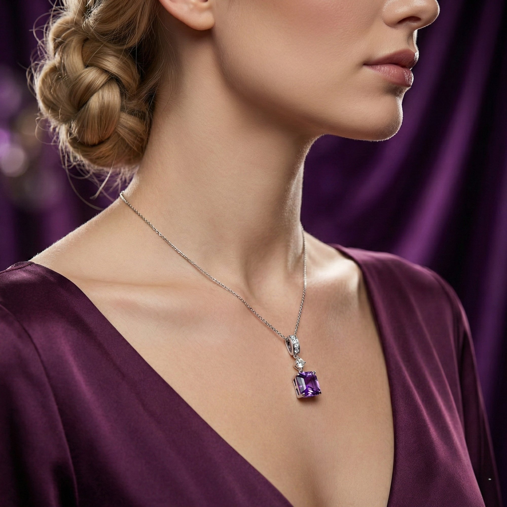 Side profile of a model wearing the square cut amethyst pendant on a sterling silver chain.