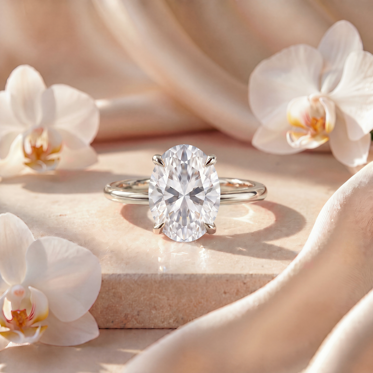 Front view of an oval-cut moissanite solitaire engagement ring in white gold.