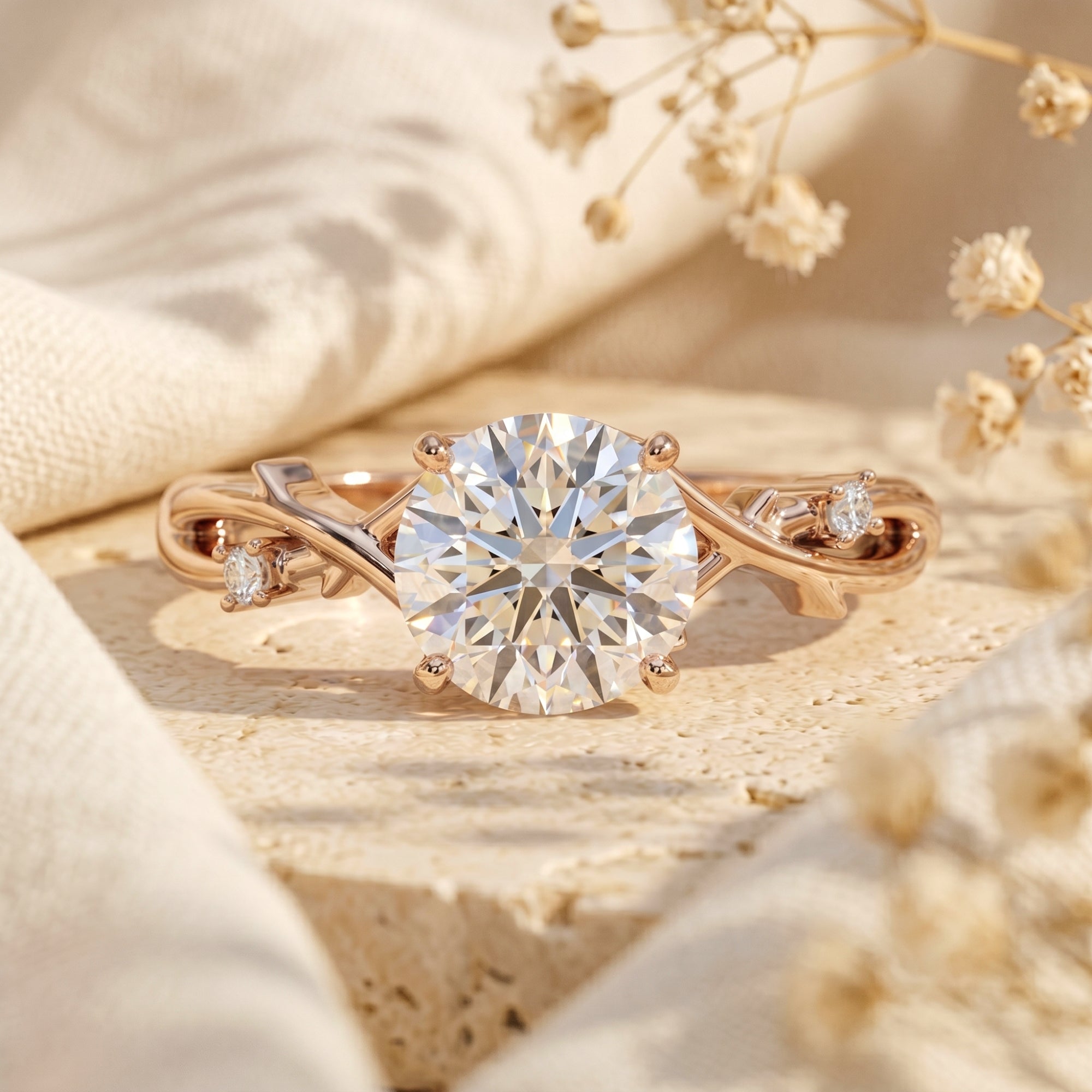Rose gold nature-inspired engagement ring featuring a 2ct round cut moissanite center stone.