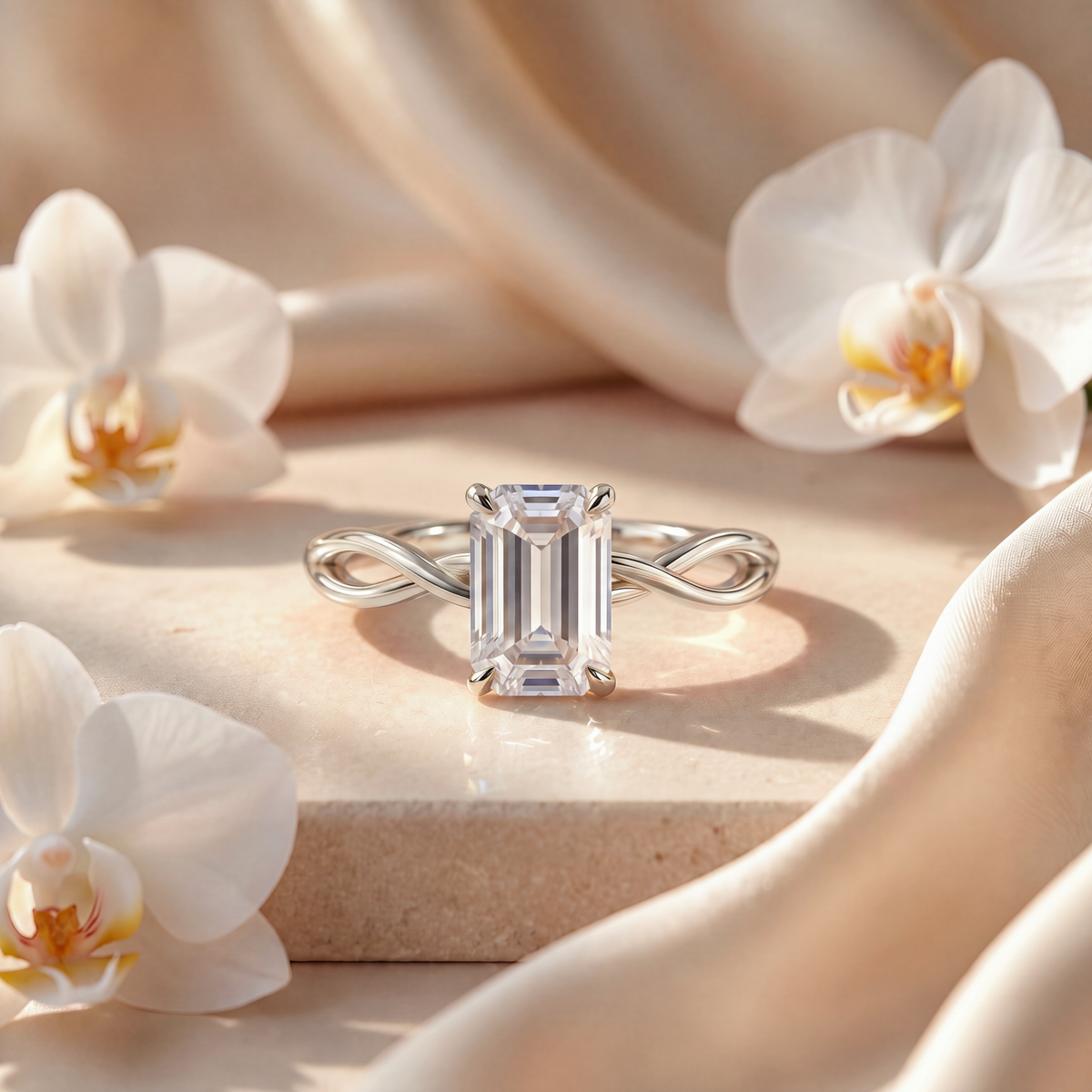 Front view of an emerald cut moissanite ring in white gold with a twisted infinity band on a pedestal.