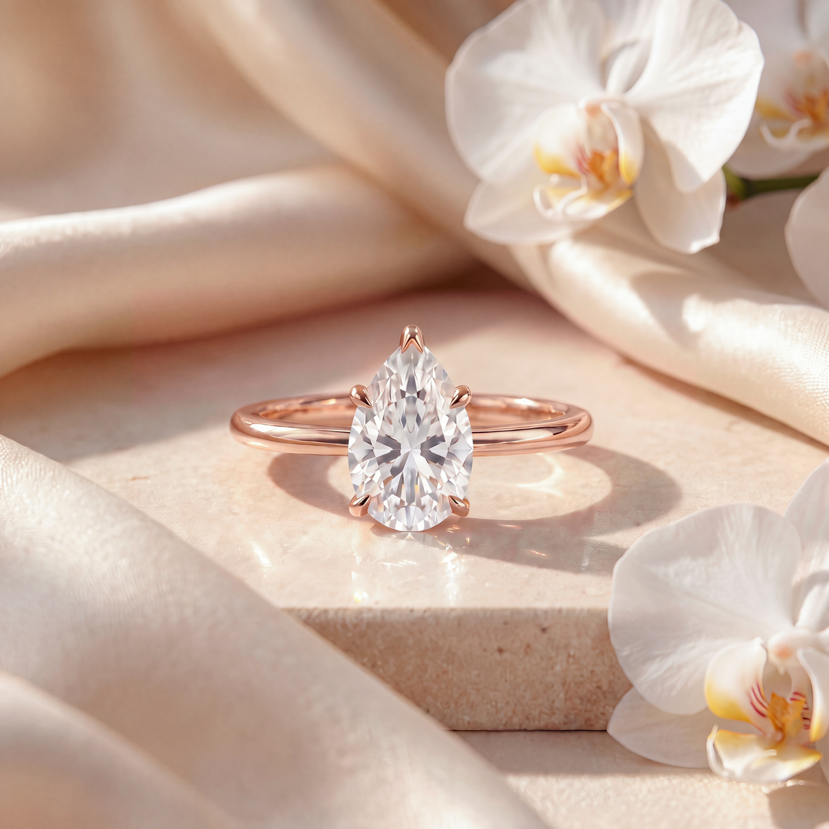 A pear-cut moissanite solitaire ring in rose gold resting on a marble surface.
