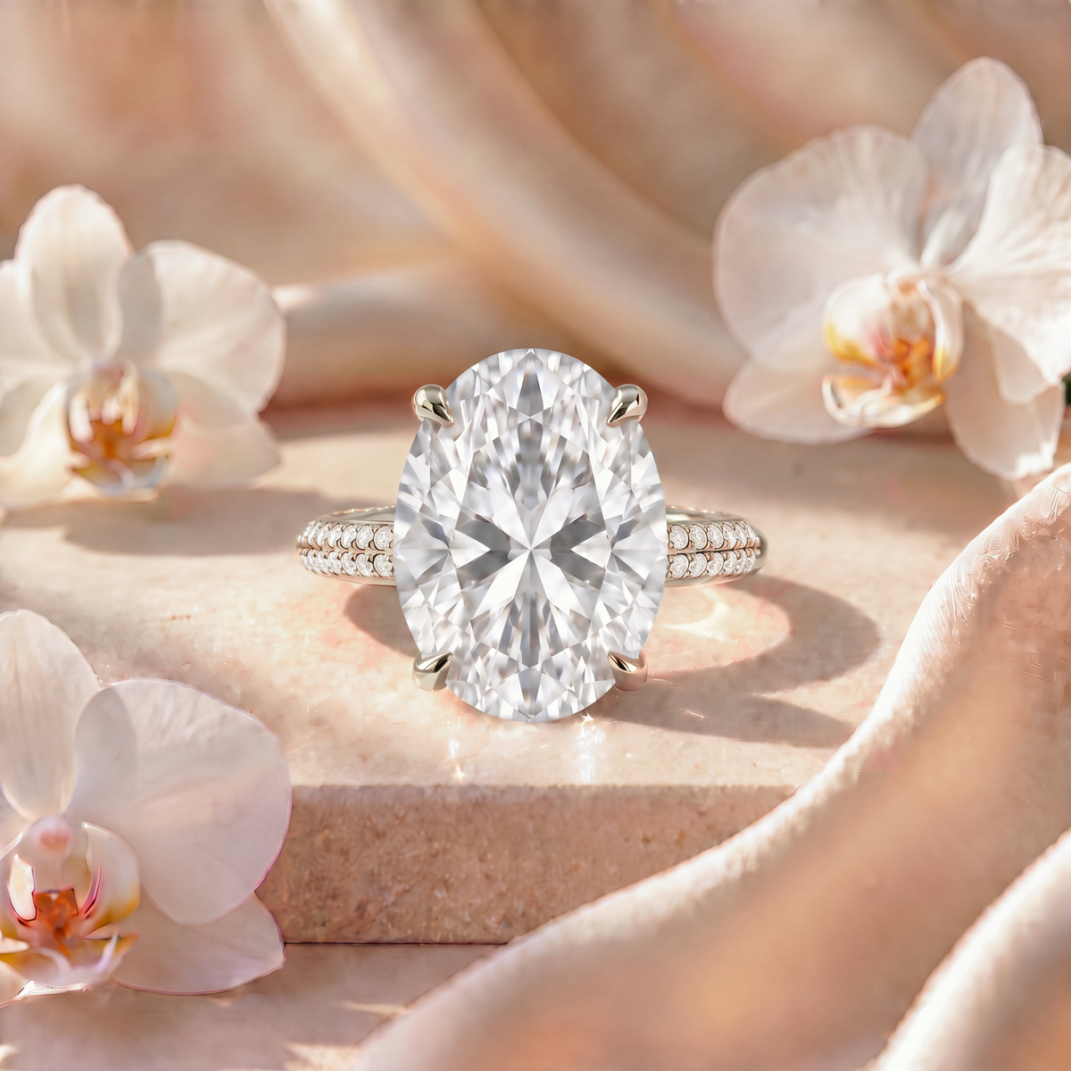 Front view of an oval moissanite engagement ring with a double-row pavé band in white gold.