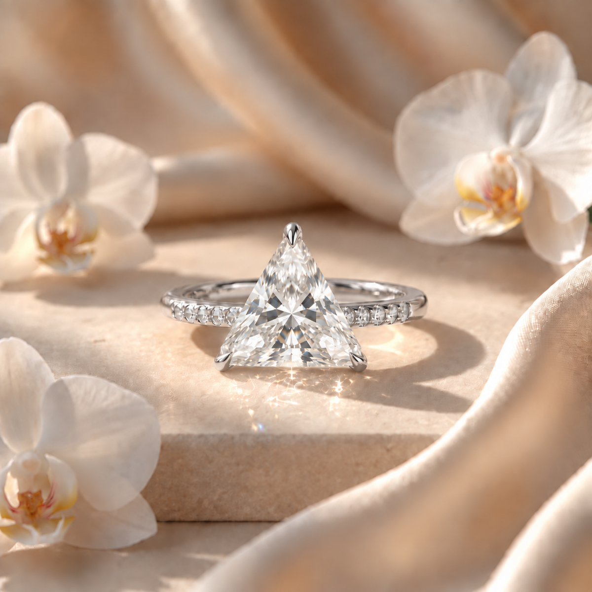 White gold trillion-cut moissanite engagement ring with a pavé band displayed on a stone surface.