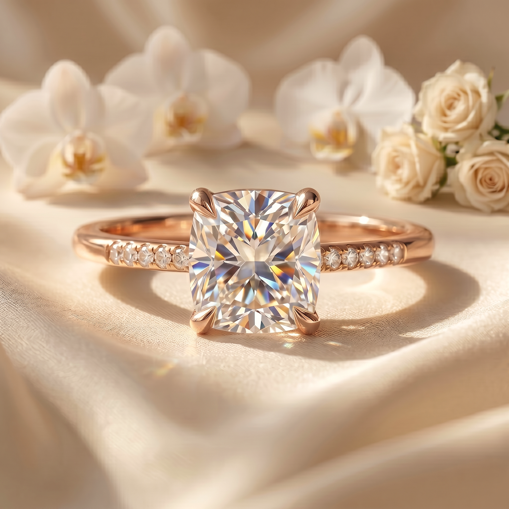 A rose gold cushion cut moissanite engagement ring with a shimmering diamond band on cream satin fabric.