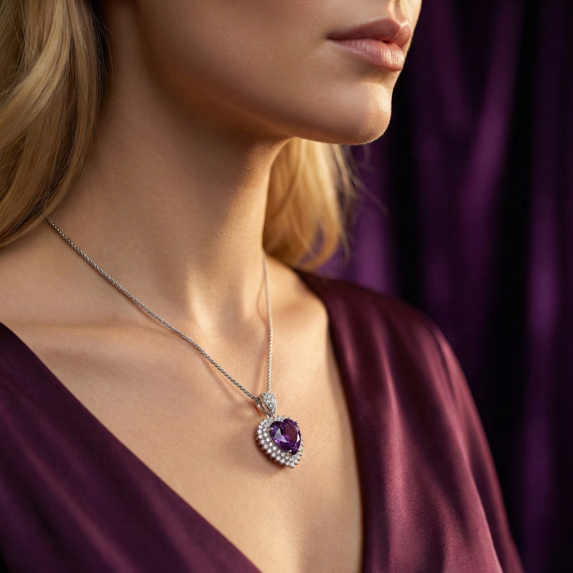 Side view of a model wearing the heart cut amethyst necklace in S925 sterling silver.