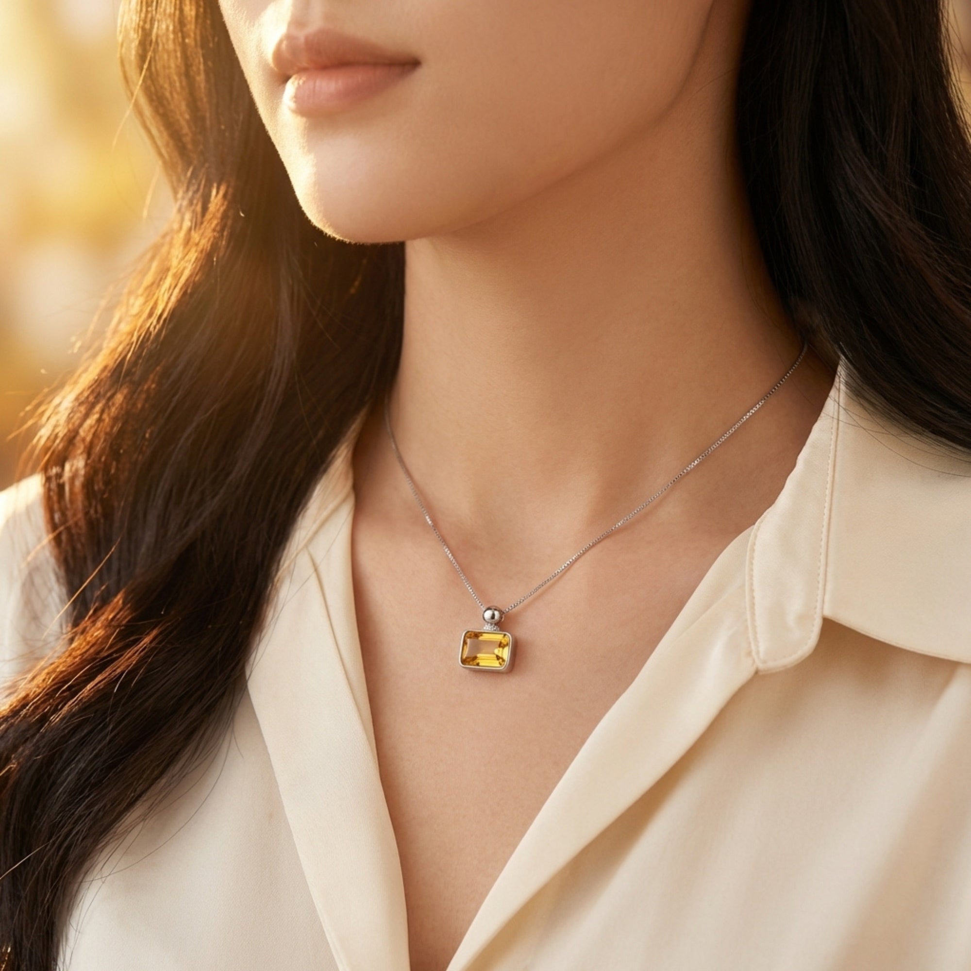 Close-up of a model wearing the Solaris emerald cut citrine necklace in silver with a cream silk blouse.