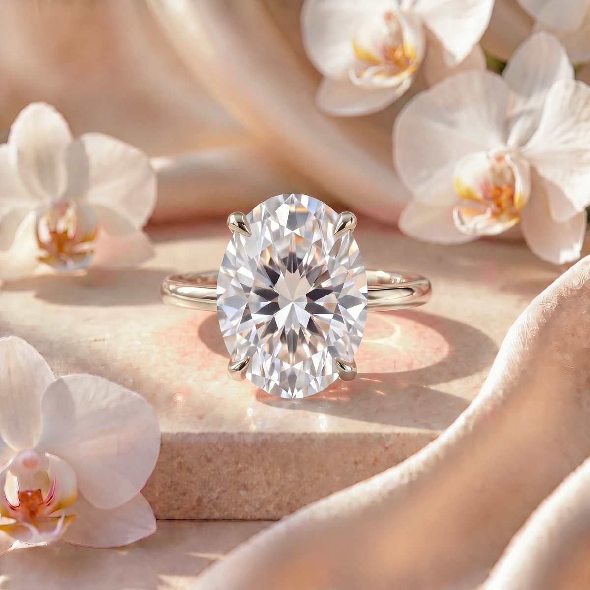 Solitaire oval cut moissanite engagement ring on a white gold band set on a marble pedestal with white orchids.