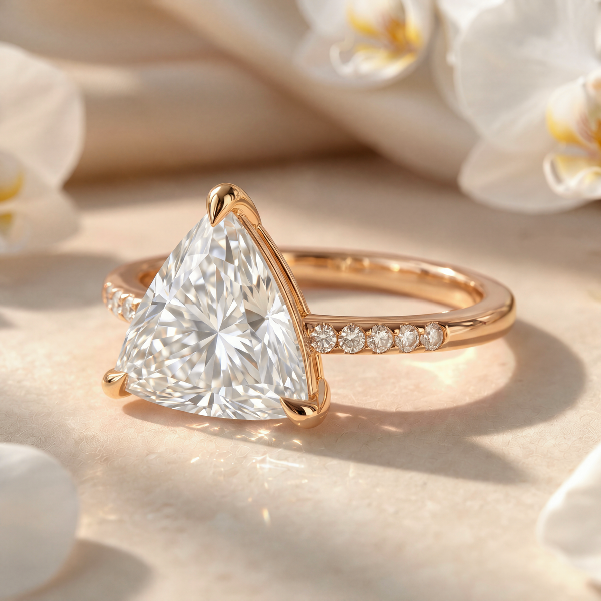 Angled view of a yellow gold trillion-cut moissanite engagement ring showing the side profile and pavé band.