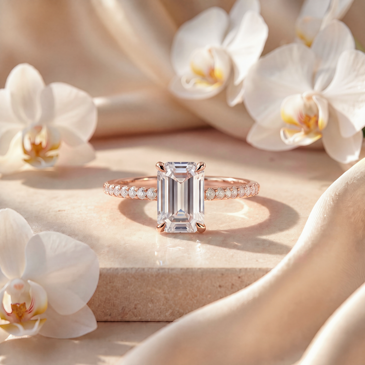 Front view of a rose gold emerald cut moissanite engagement ring on a beige surface.