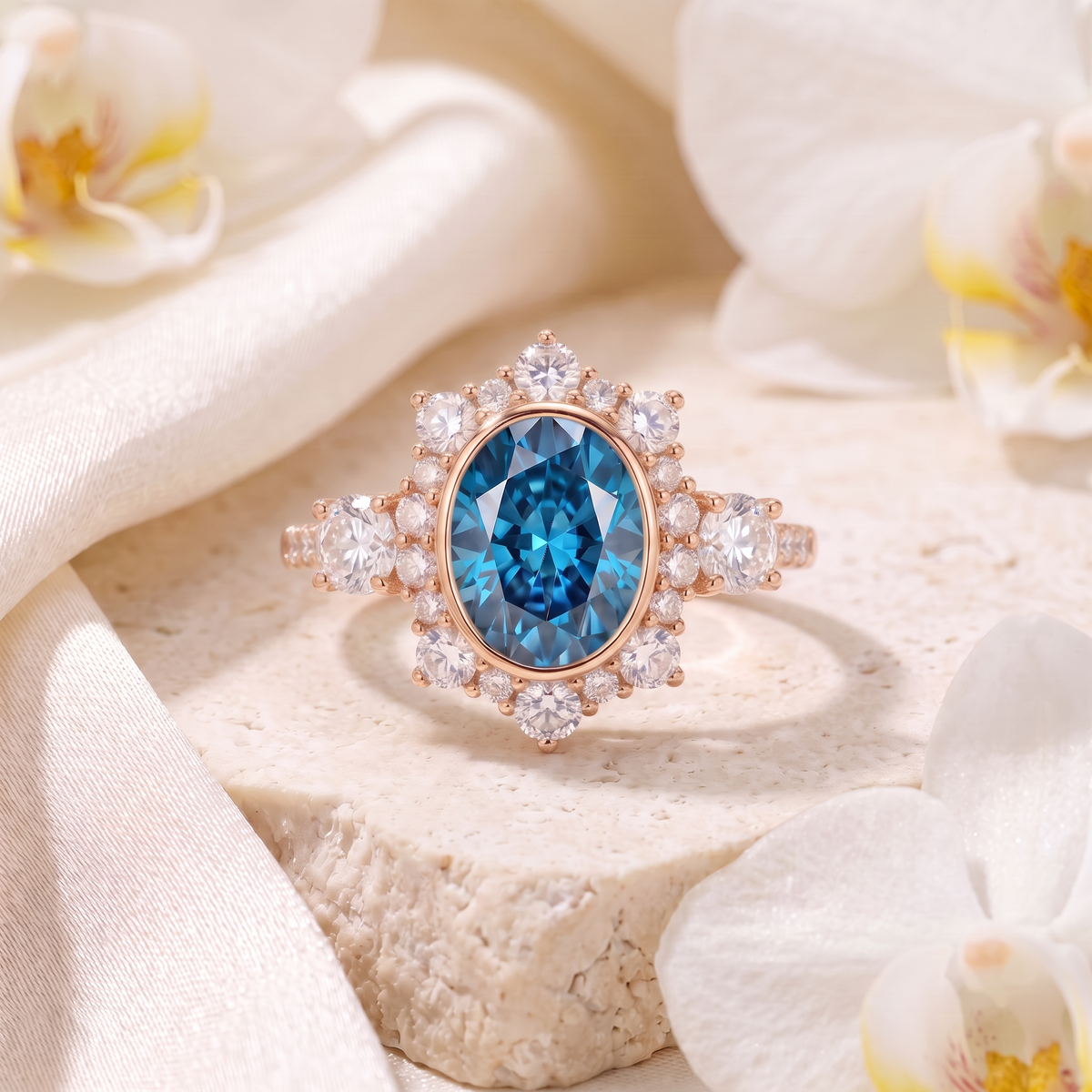 Front-facing view of the rose gold oval blue moissanite halo ring featuring a starburst cluster border.