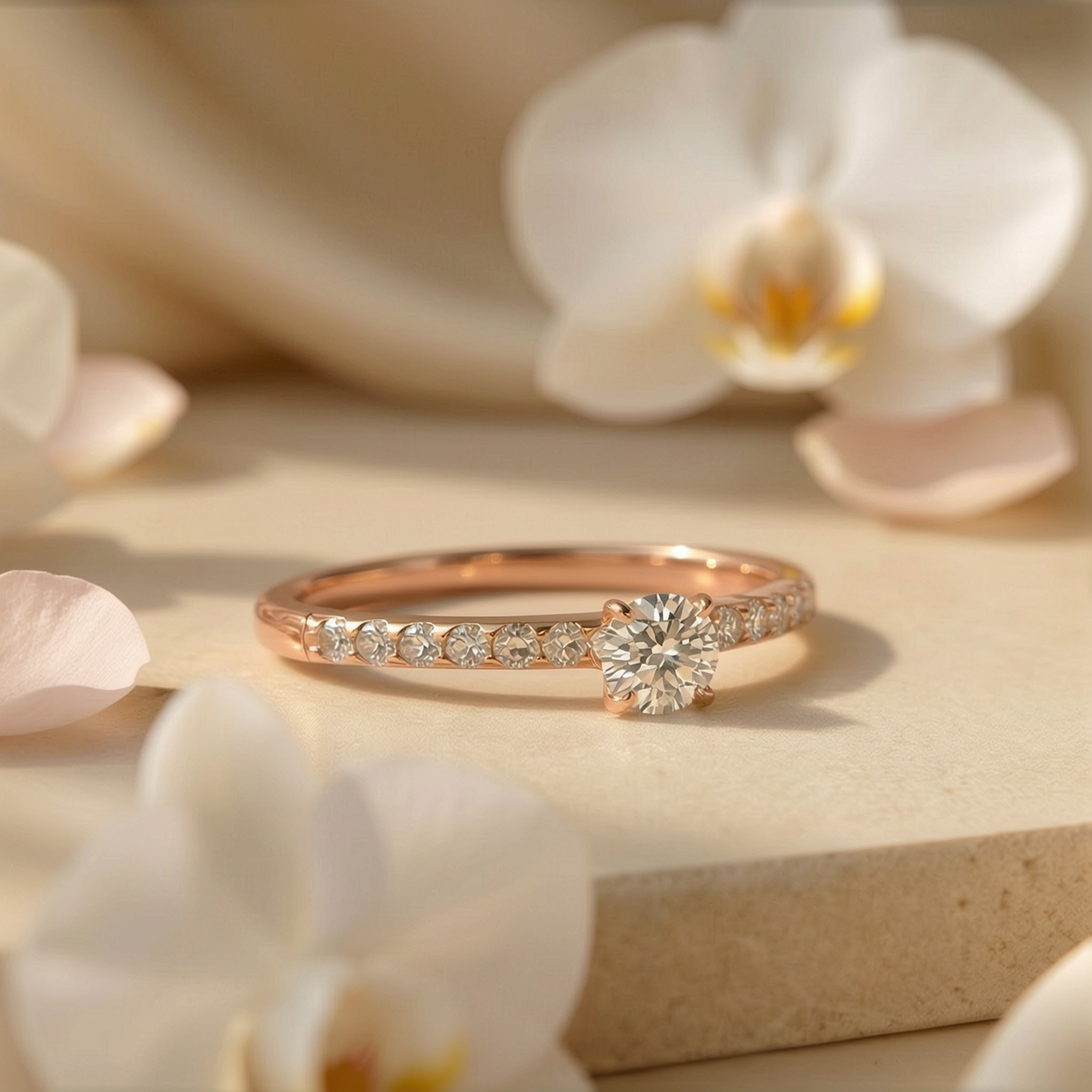 A brilliant round-cut moissanite engagement ring with a pavé rose gold band, displayed flat alongside delicate white orchids.