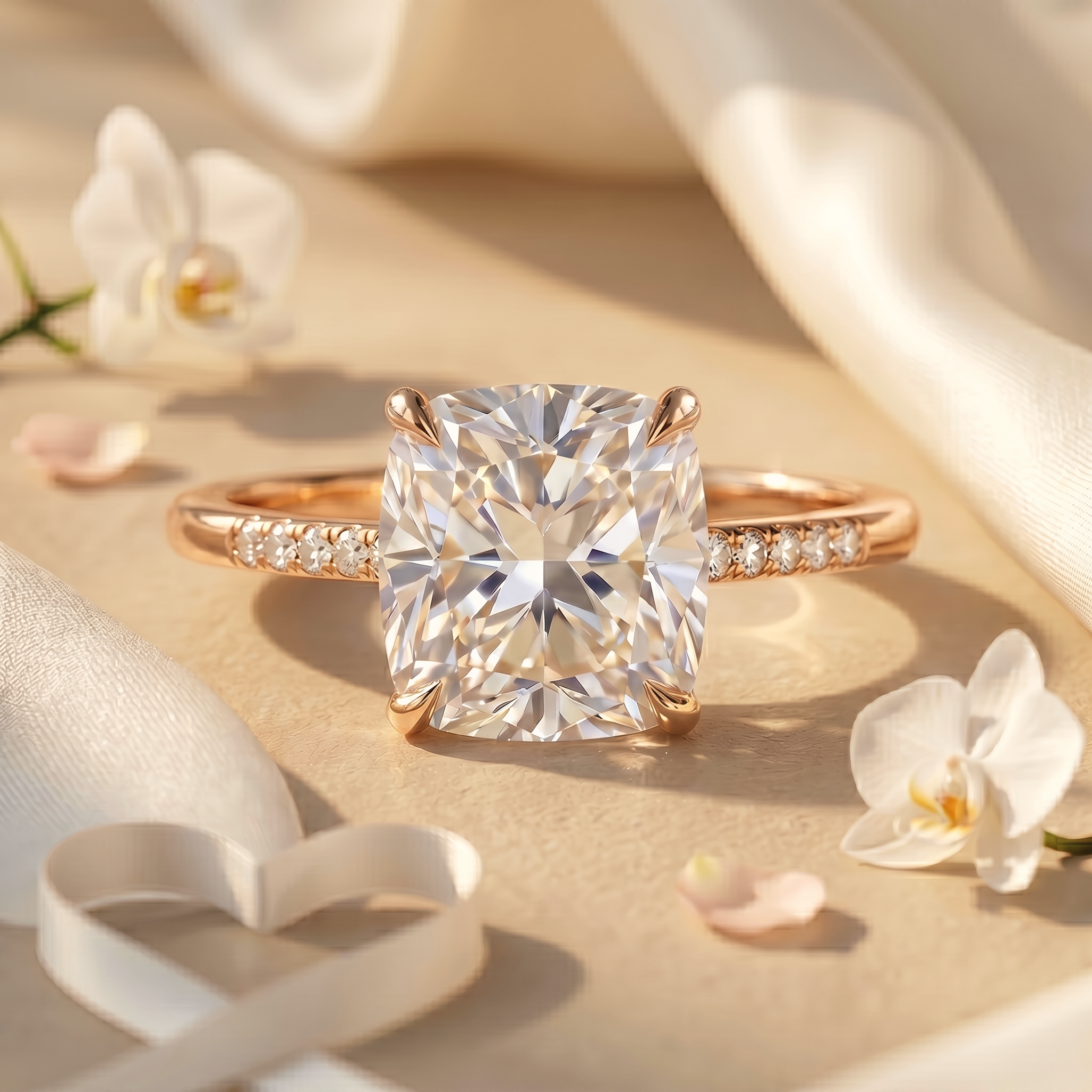 A cushion-cut moissanite engagement ring in a rose gold pavé band, displayed on a satin background.