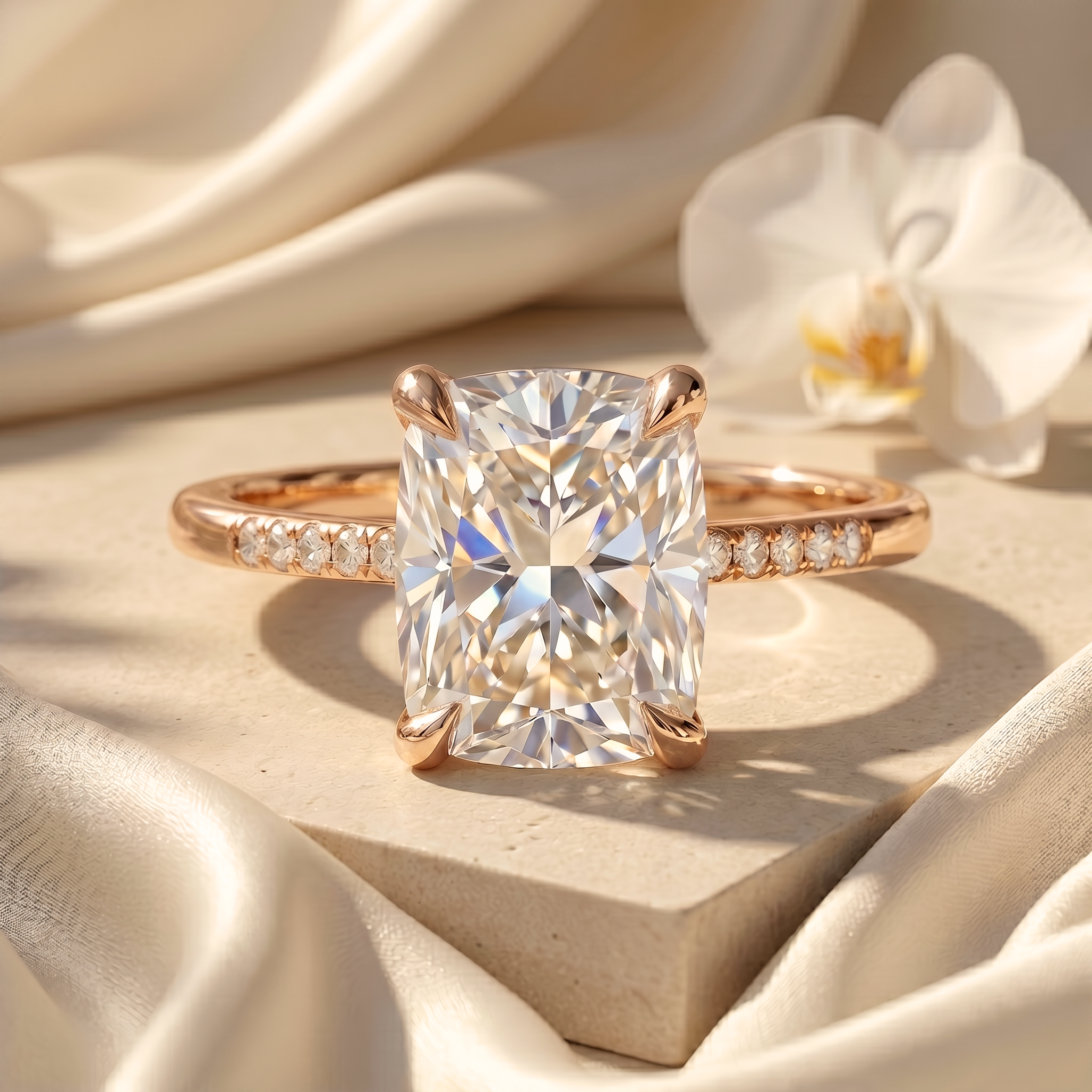 A rose gold cushion-cut moissanite engagement ring displayed beautifully on a neutral stone slab.