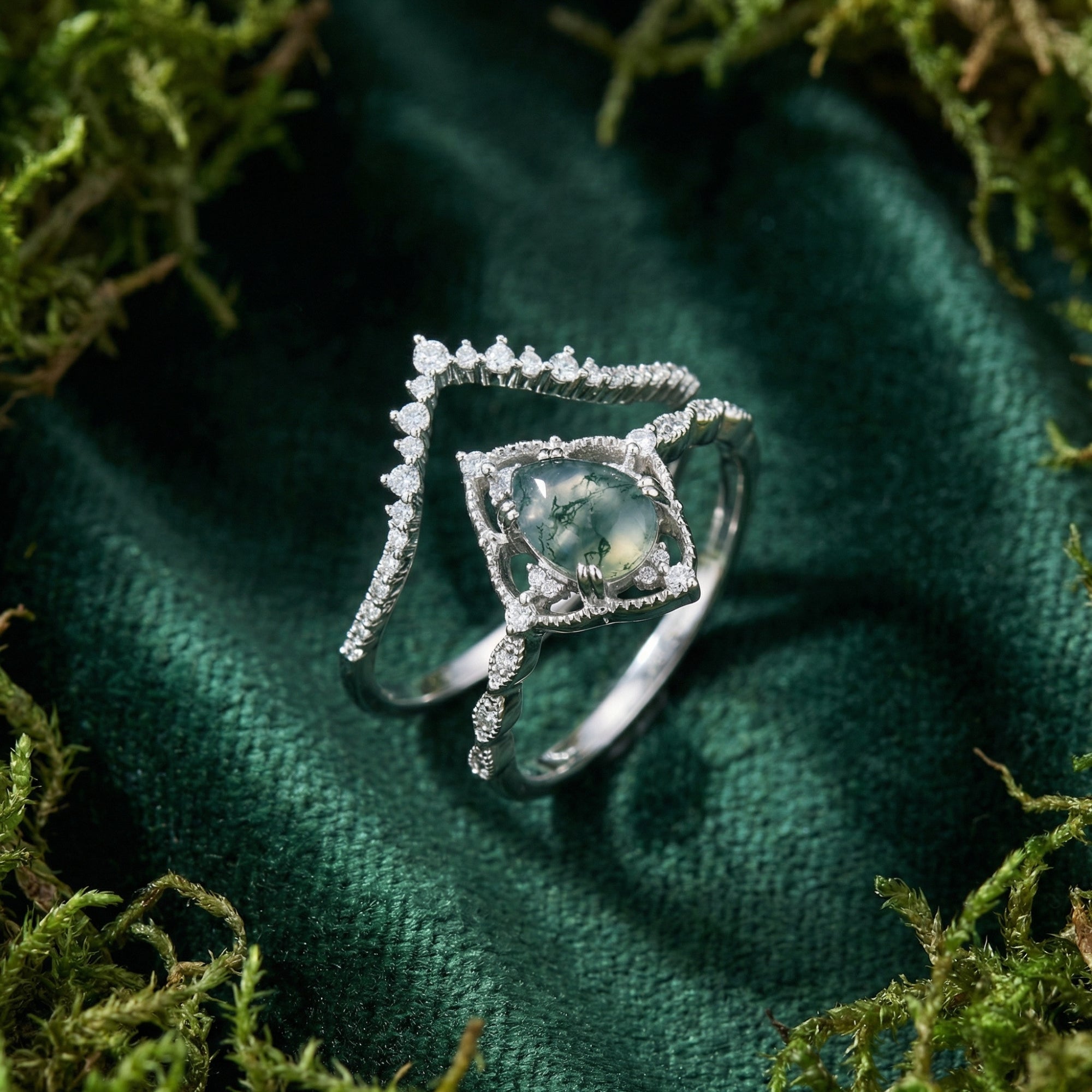 Diamant Bezette Ovale Natuurlijke Agaat Ring Set - S925 Sterling Zilver