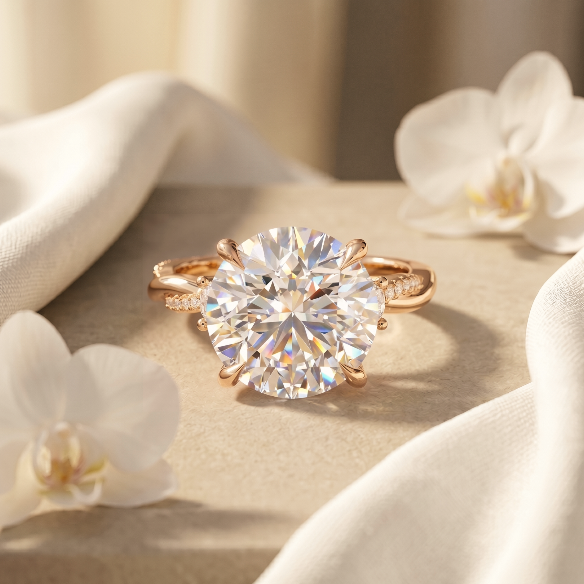 A rose gold moissanite engagement ring with a large round cut center stone displayed on a neutral background.