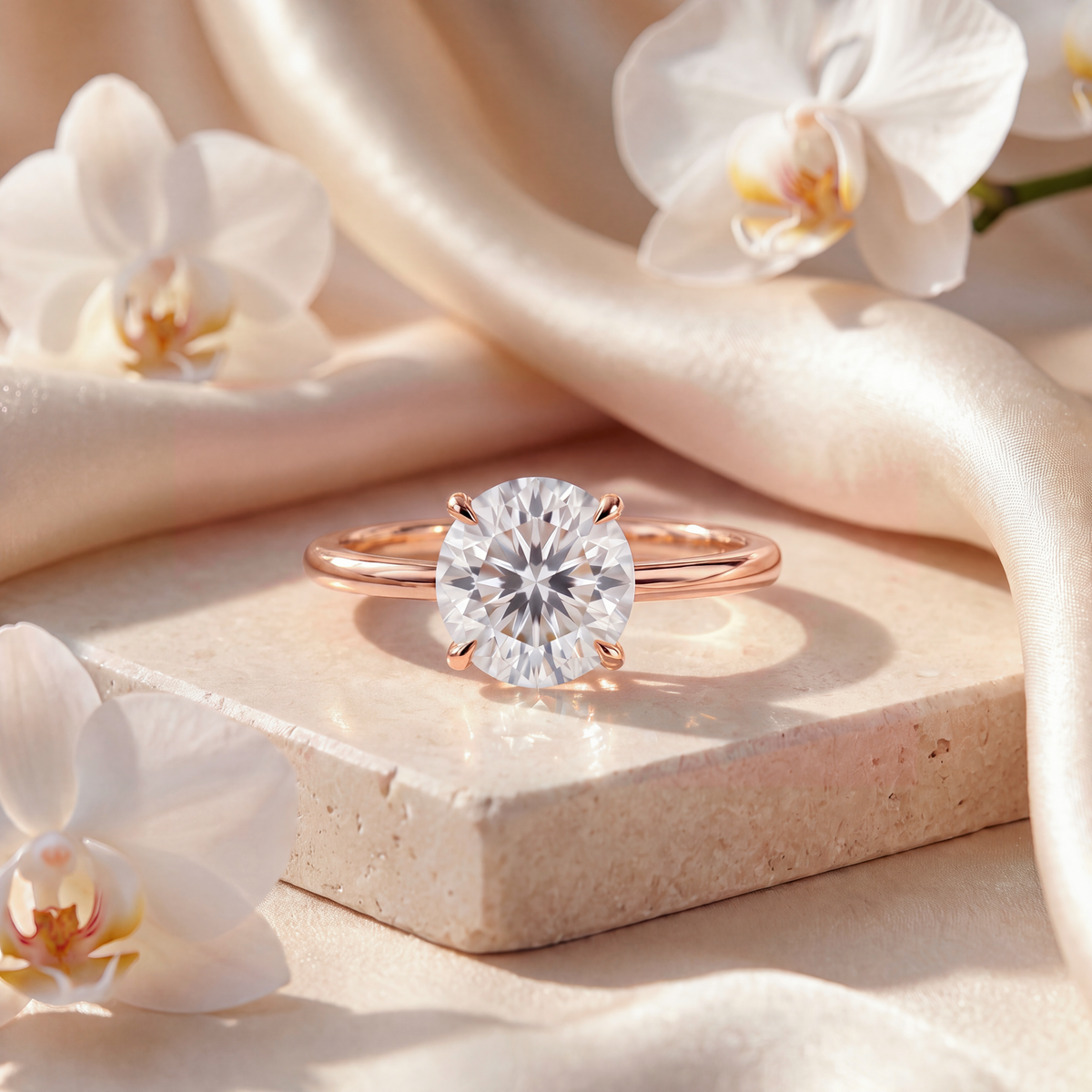 Rose gold solitaire engagement ring featuring a brilliant round moissanite stone.