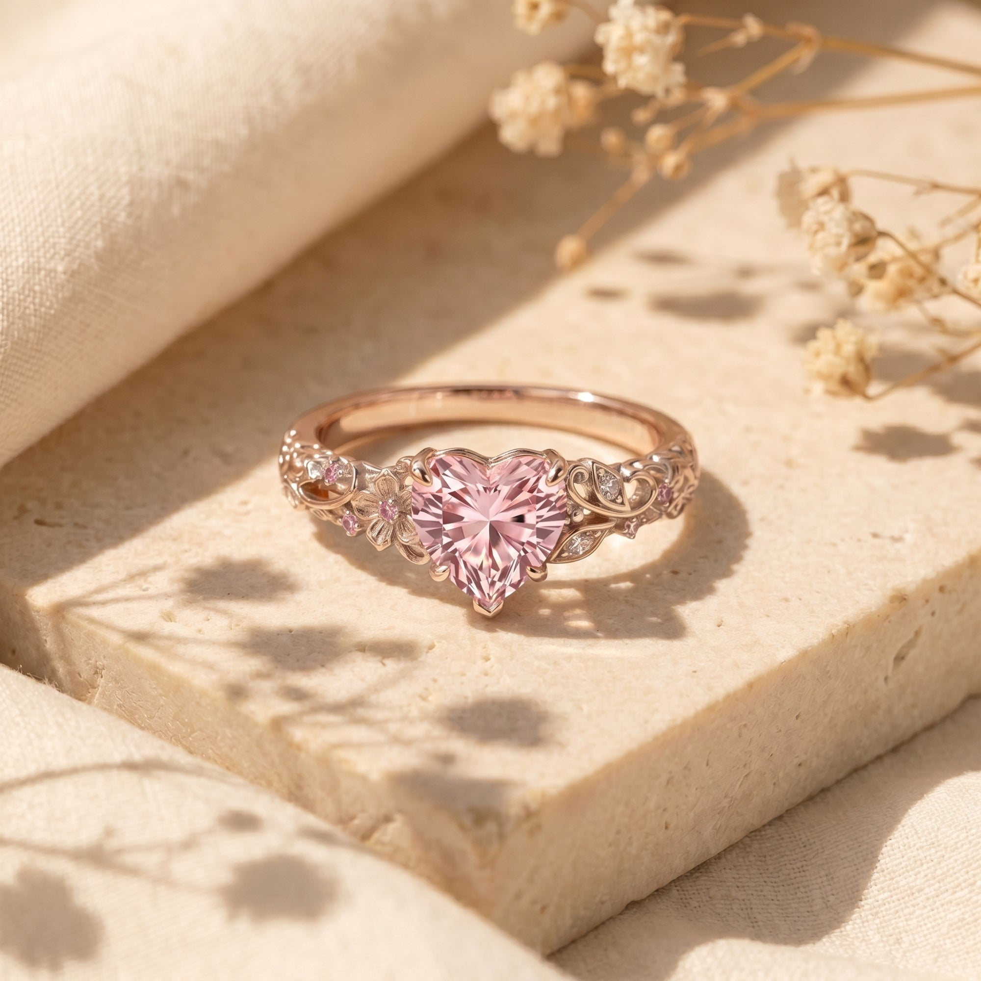 Rose gold heart-cut pink diamond ring on a stone block.