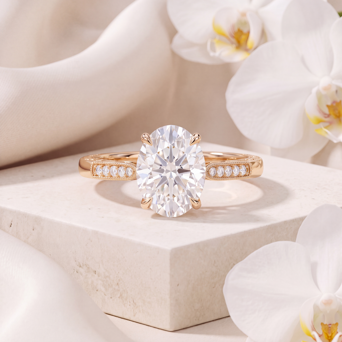 An oval-cut moissanite ring styled in rose gold with a detailed milgrain diamond band.