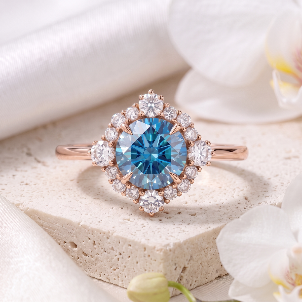 Rose gold engagement ring featuring a round blue moissanite center stone framed by a floral-inspired geometric halo of brilliant white moissanites.