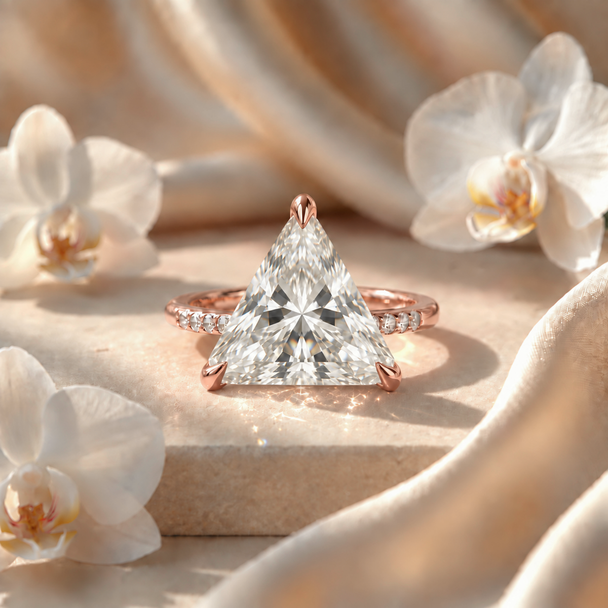 Front view of a rose gold trillion-cut moissanite engagement ring featuring a pave band.