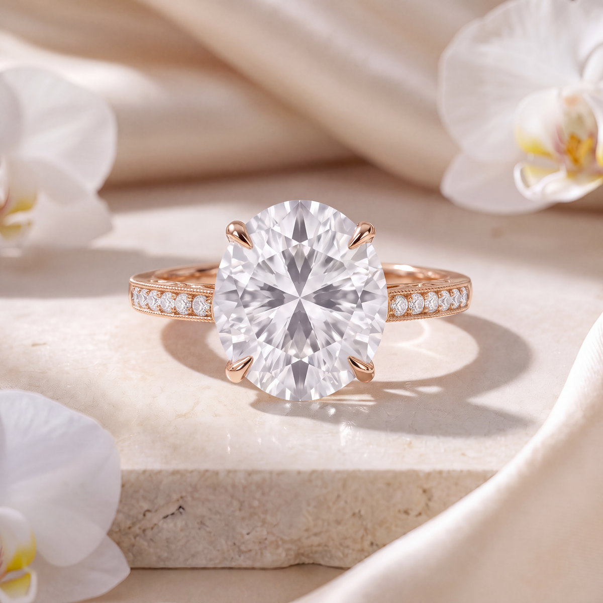 Front view of an oval moissanite engagement ring with a milgrain pave band in rose gold.