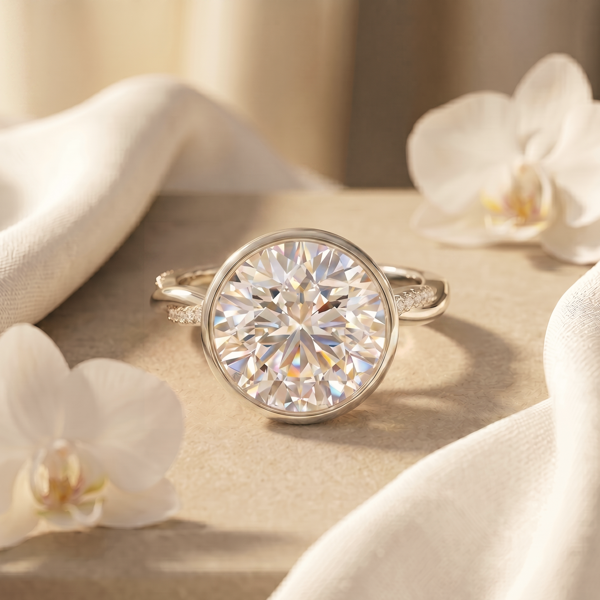 A round-cut moissanite bezel-set engagement ring in white gold displayed on a textured surface with orchid petals.