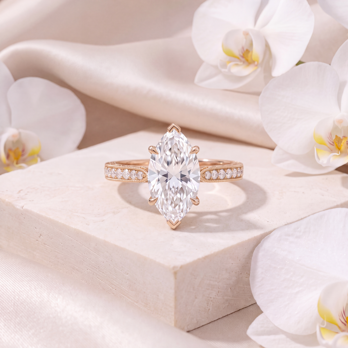 Front view of a rose gold marquise moissanite engagement ring on a stone pedestal.