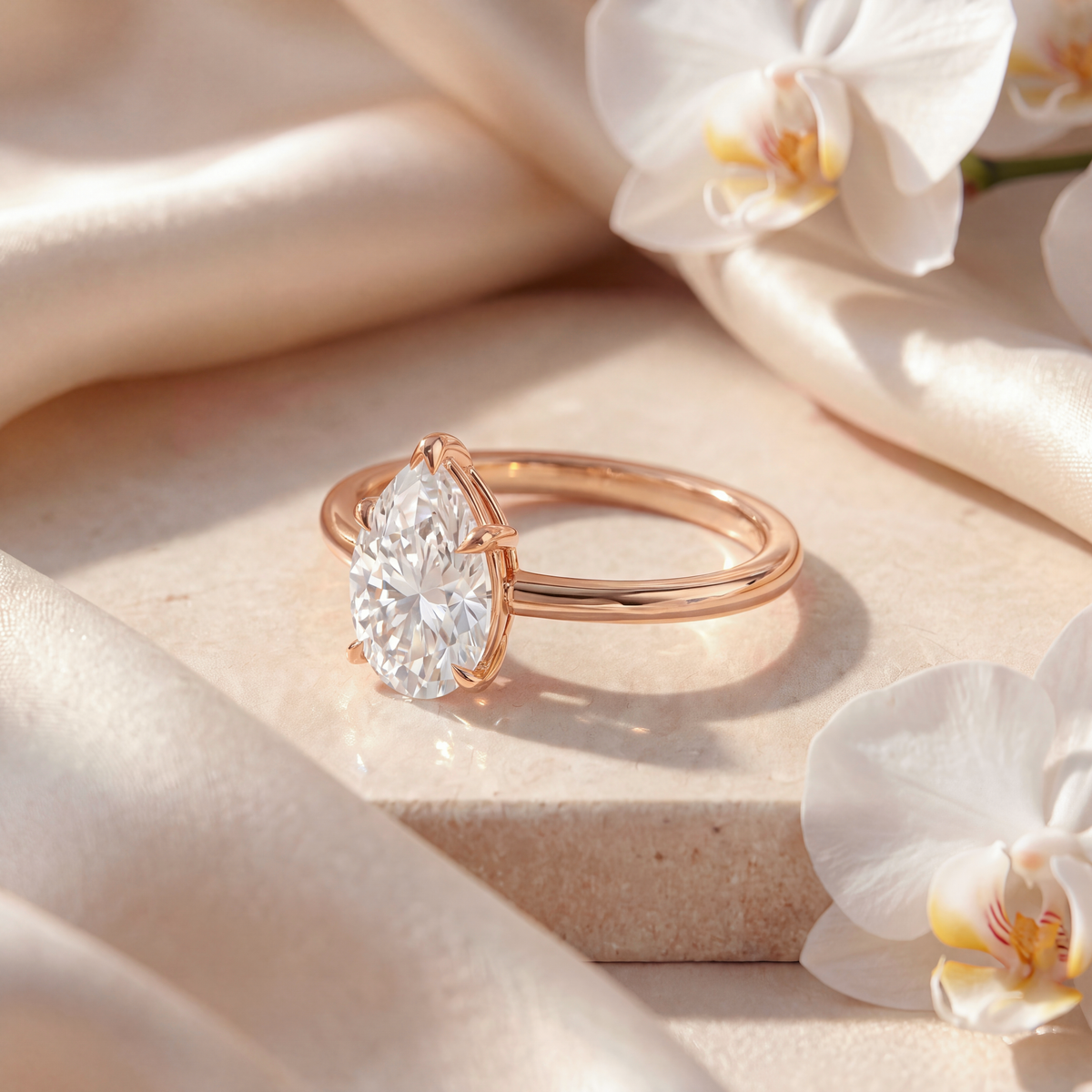 An angled view of a pear-cut moissanite solitaire ring in rose gold.