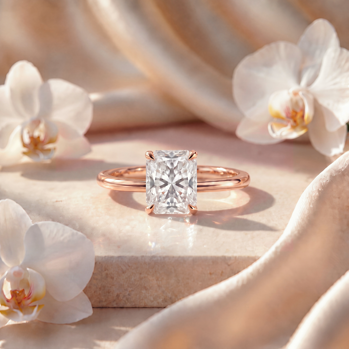 A radiant-cut moissanite solitaire engagement ring in rose gold shown on a marble pedestal.