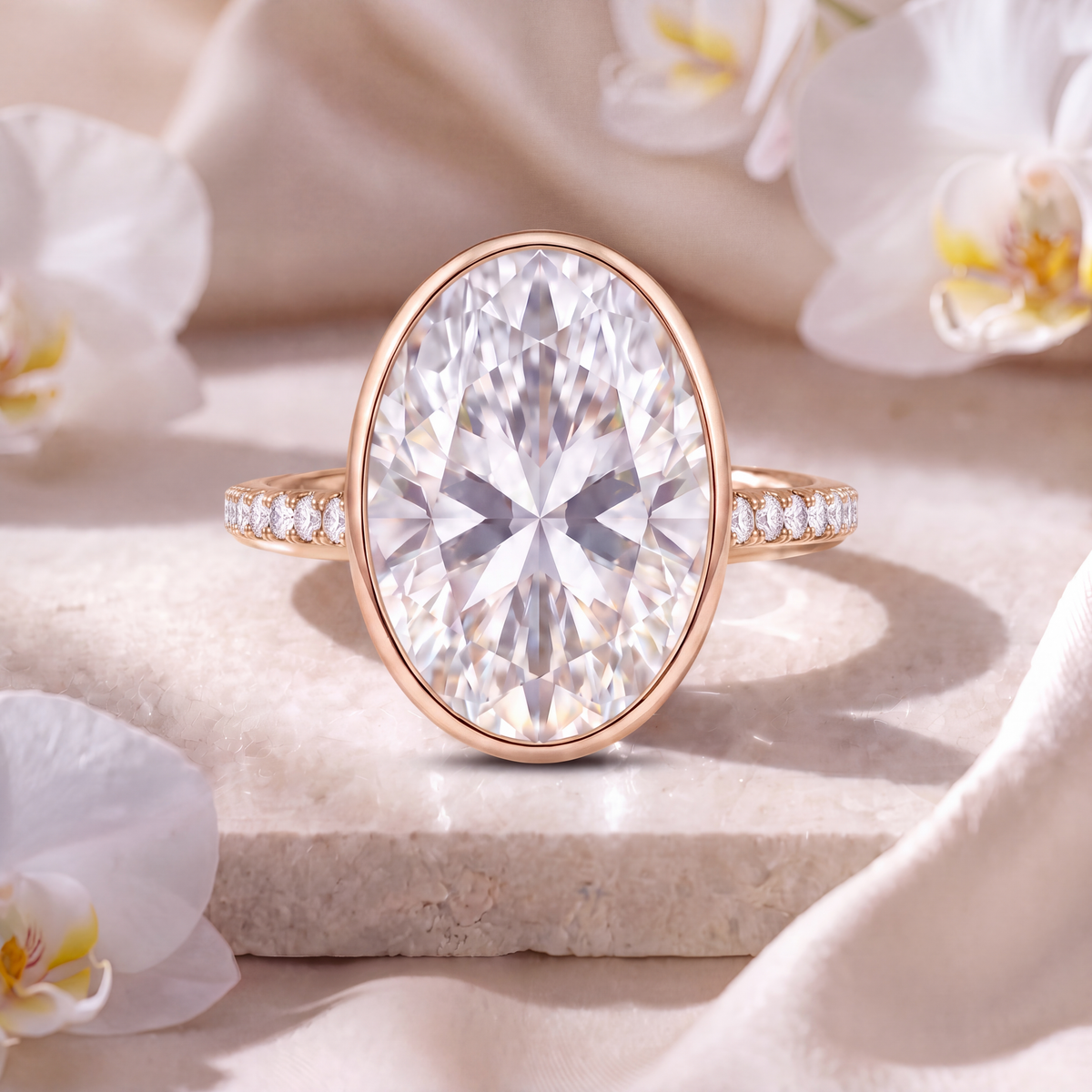 Front-facing view of an oval moissanite bezel engagement ring with a pavé band in rose gold.