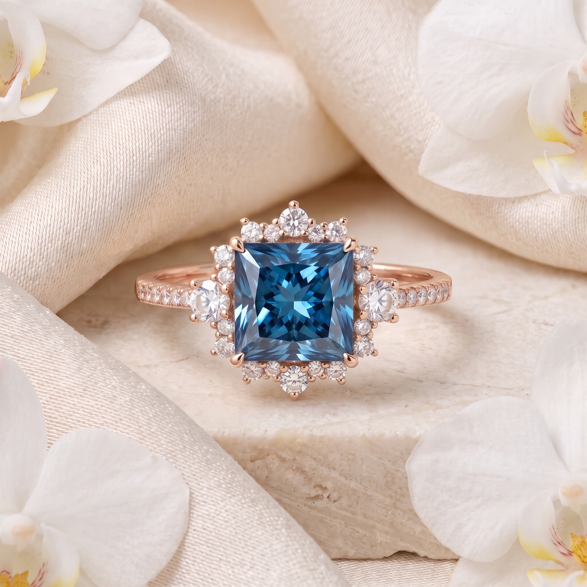 Rose gold engagement ring featuring a princess cut blue stone surrounded by a delicate diamond halo.