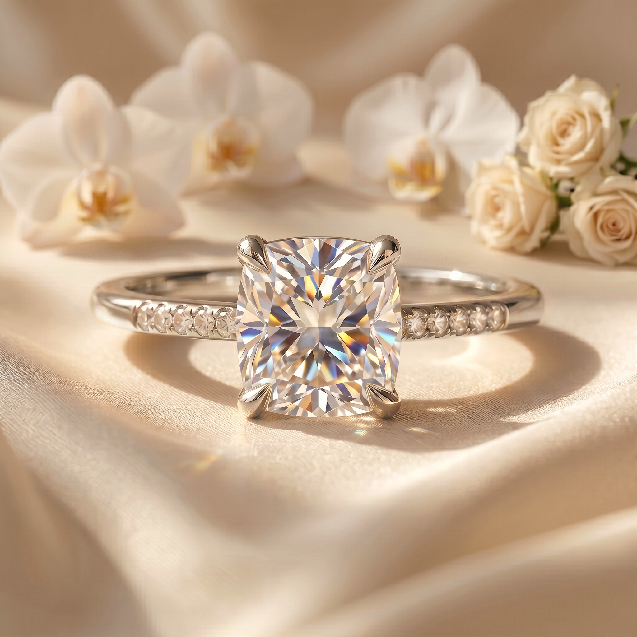 A white gold cushion cut moissanite engagement ring with a pavé diamond band on elegant silk.